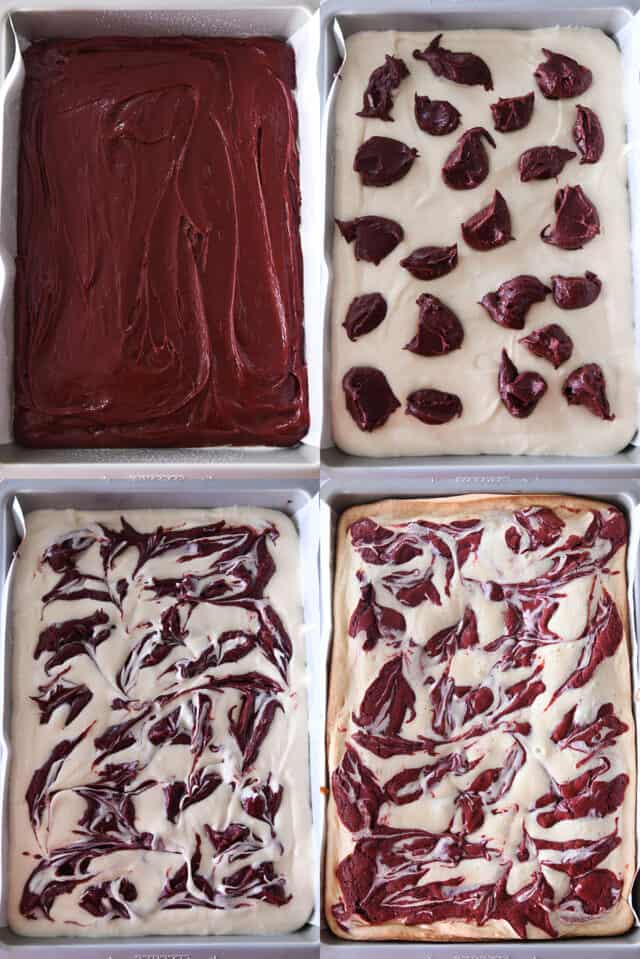 Layering red velvet brownie batter, cheesecake batter, dollops of brownie batter, swirling together and baking.