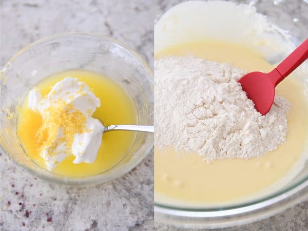 Mixing sour cream, butter, eggs and lemon zest in small bowl.
