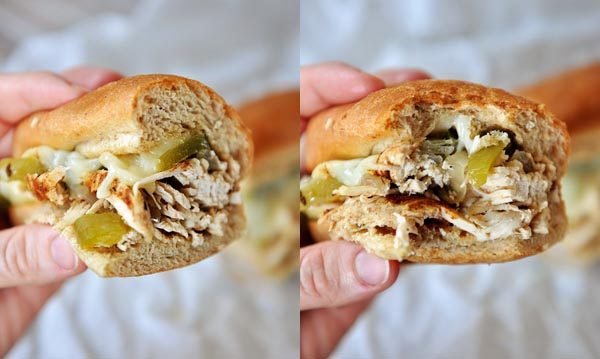 Side-by-side pictures of someone holding a Philly cheesesteak sandwich. The picture on the right has a bite taken out.