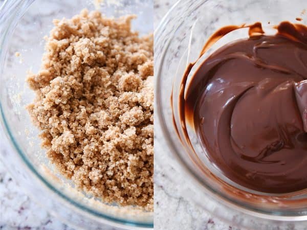 Coconut graham cracker crust and chocolate ganache in glass bowls.