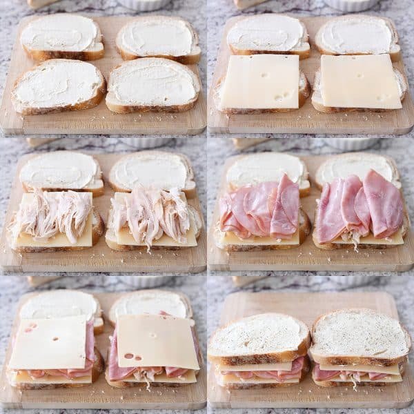 Photo collage of assembling chicken cordon bleu panini with breead, sauce, cheese, chicken, and ham.